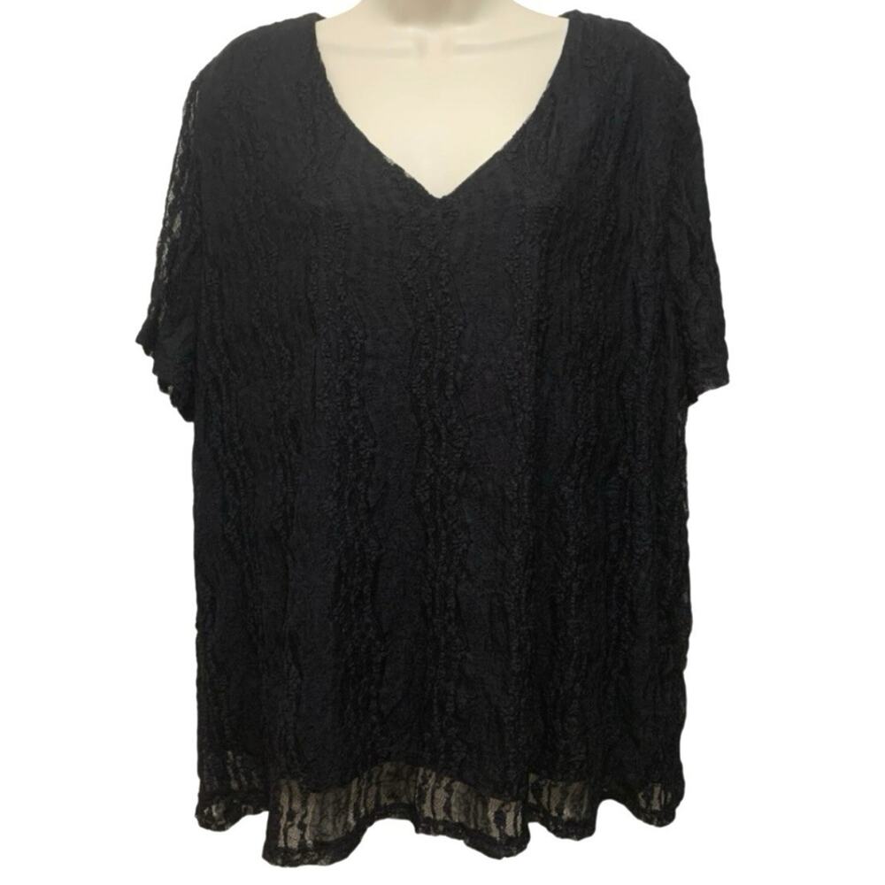 Black Lace Sheer Top Plus Sz 26/28 Romantic Goth V Neck Blouse Venezia Lined